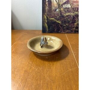 Handmade Studio Pottery Ring Holder Dish Tan Brown Glazed Ceramic Signed S Mark